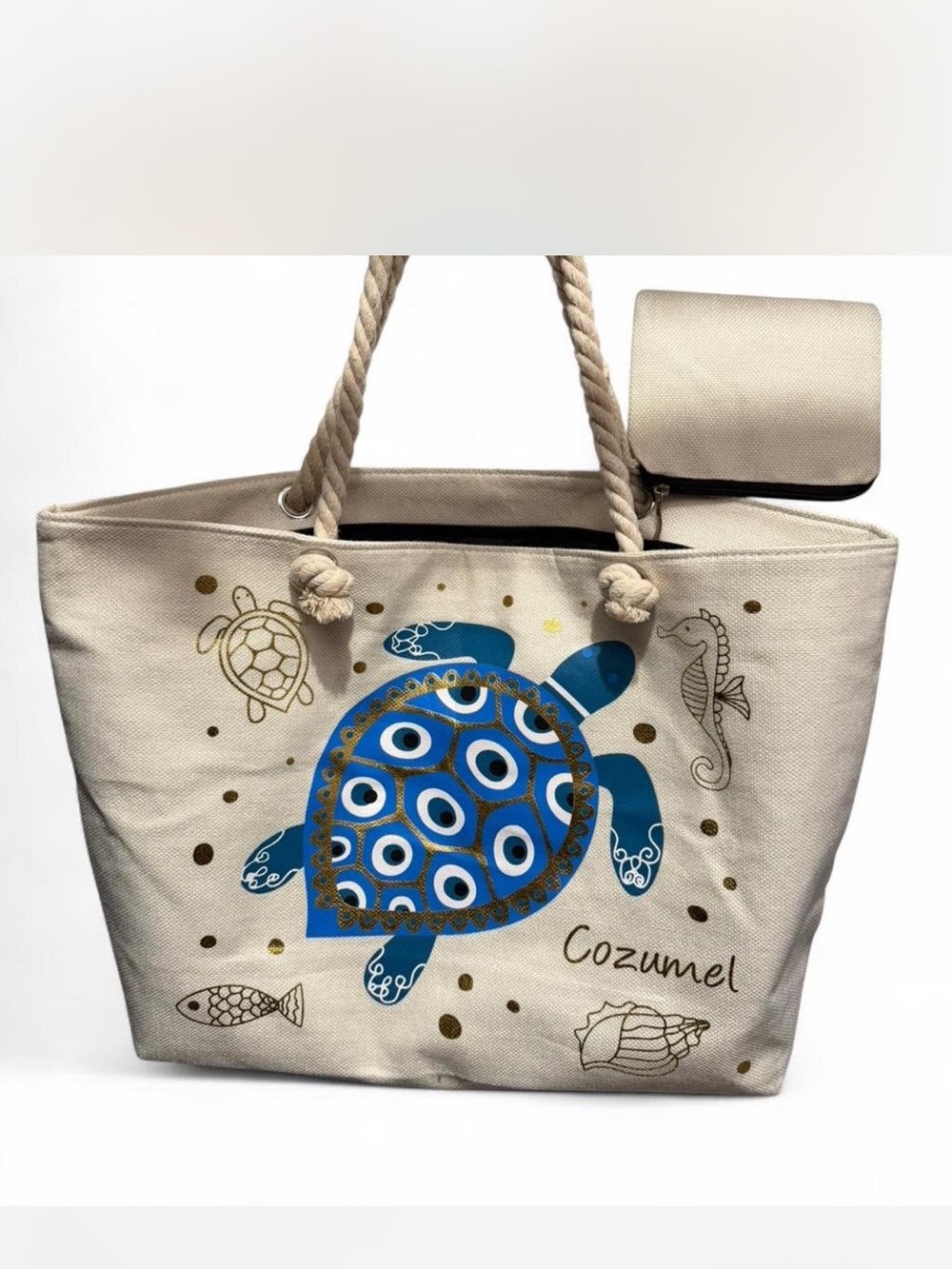 Othr Beige Canvas Tote with Blue Turtle and Gold Accents